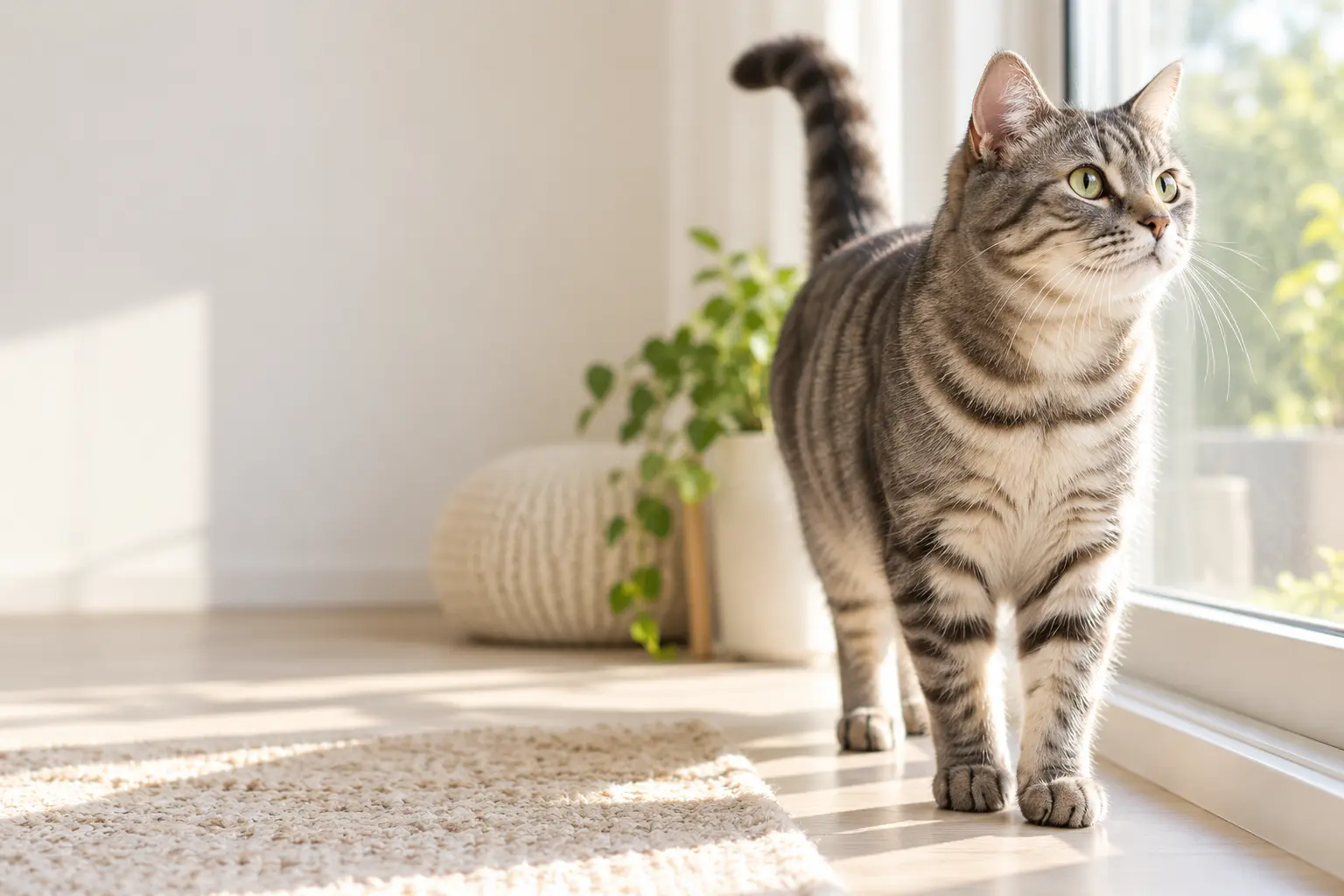 A curious tabby cat looking through a window
