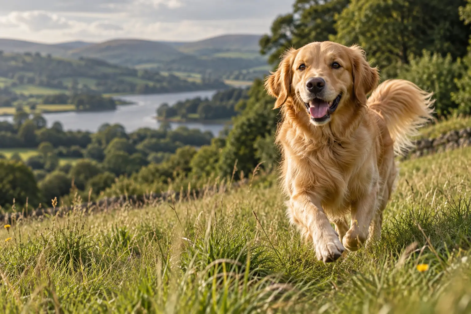 Golden retriever enjoying a run in the British countryside